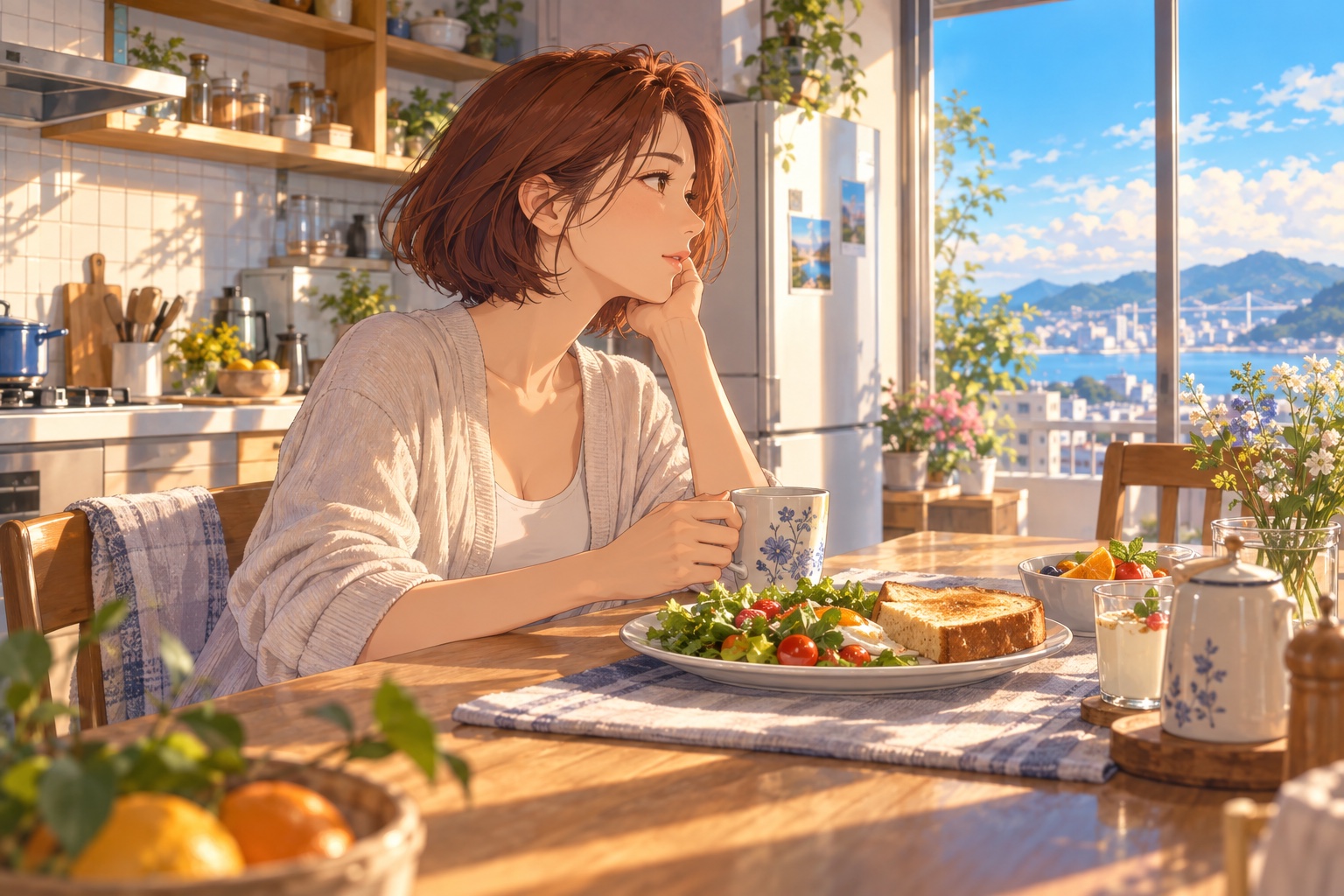 朝食のテーブルで、お茶を手に自分の調子を見つめる女性