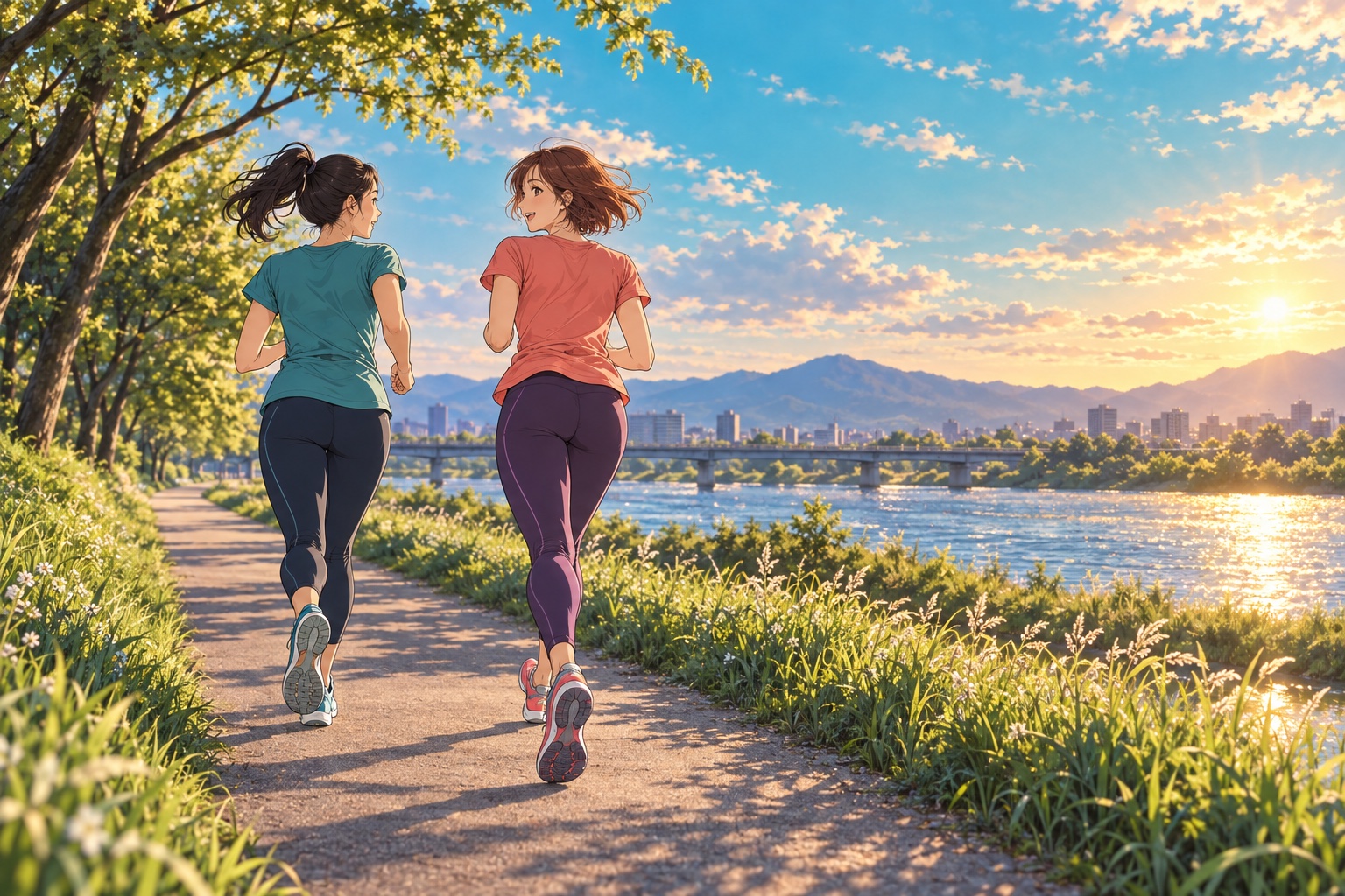 川沿いの道を軽やかに走る二人の女性。後ろ姿に明るい光が差している
