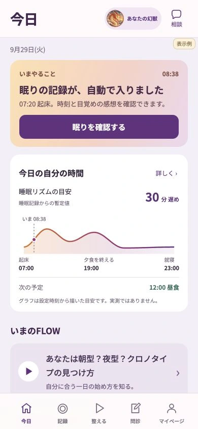8weeks.aiの今日画面。表示例