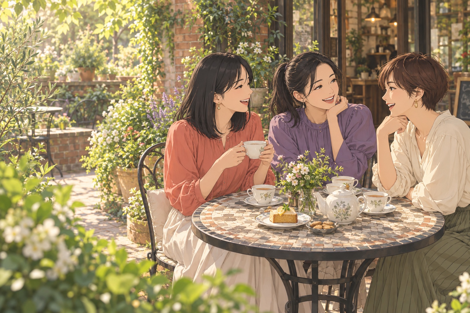 緑のあるカフェで、お茶を囲んで明るく話す三人の女性