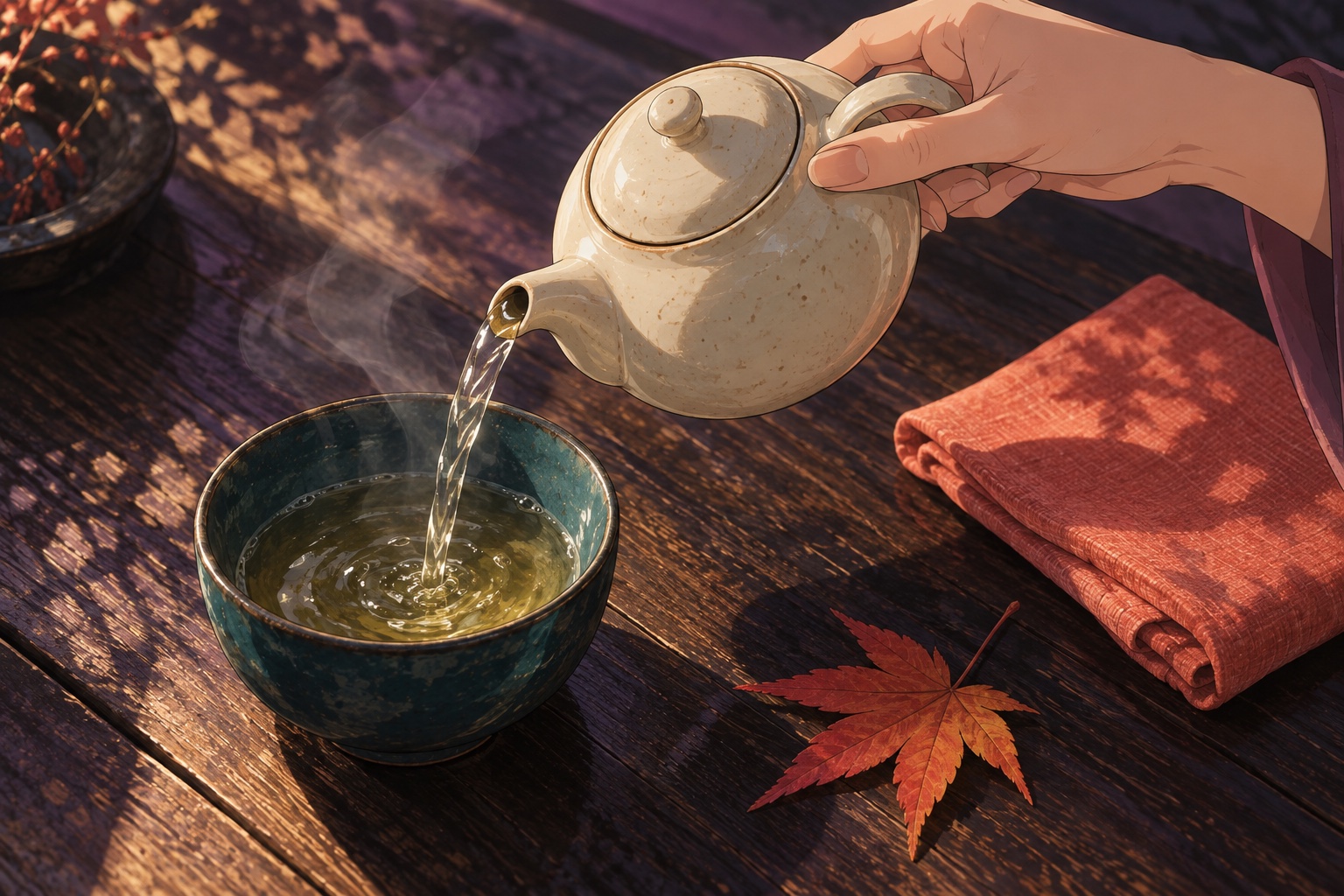 手から注がれる温かいお茶と、光が差す茶器の寄り
