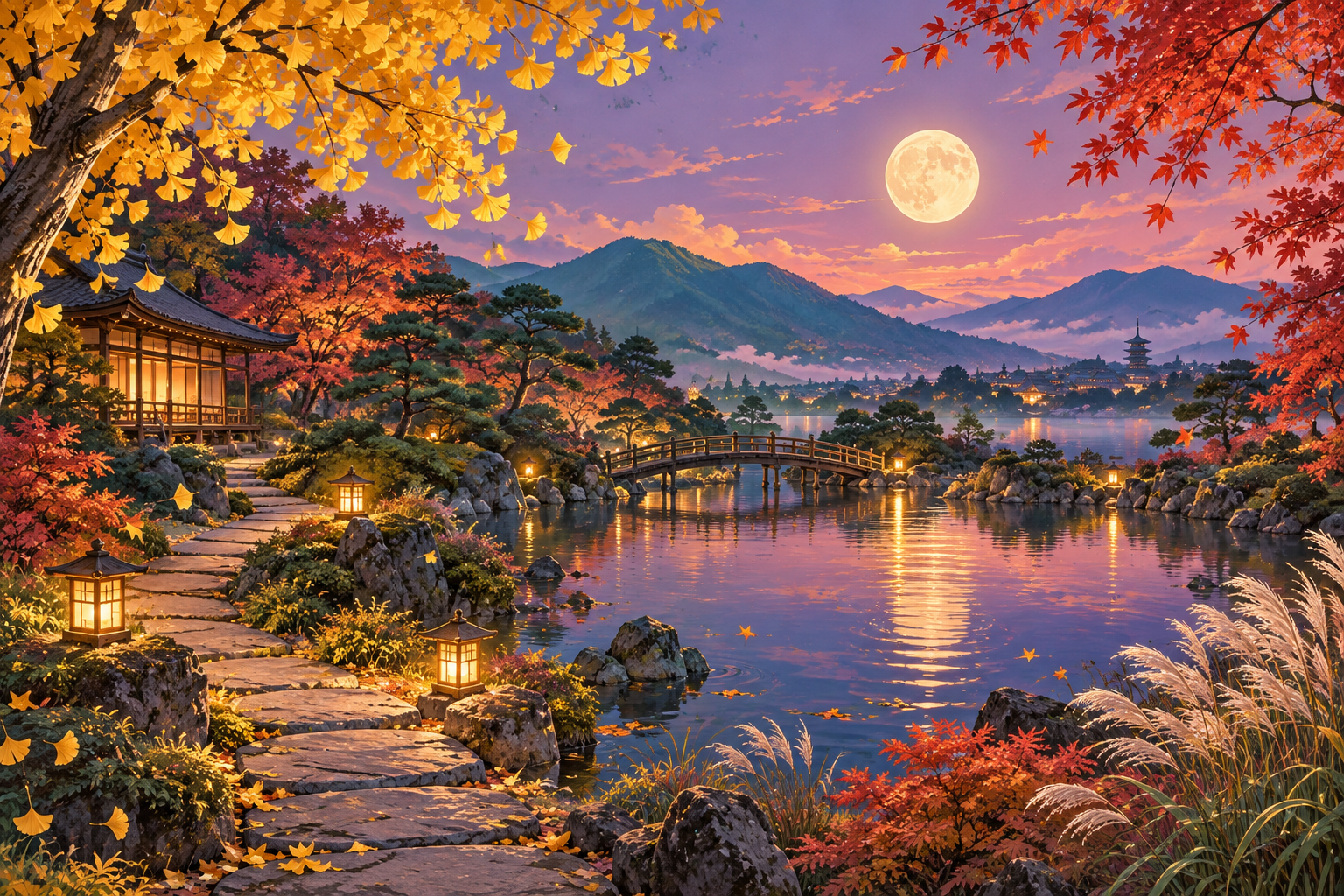 月が照らす秋の庭と、静かな夜の縁側